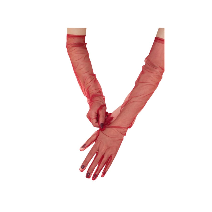 Red gloves with a sheer overlay on a white background