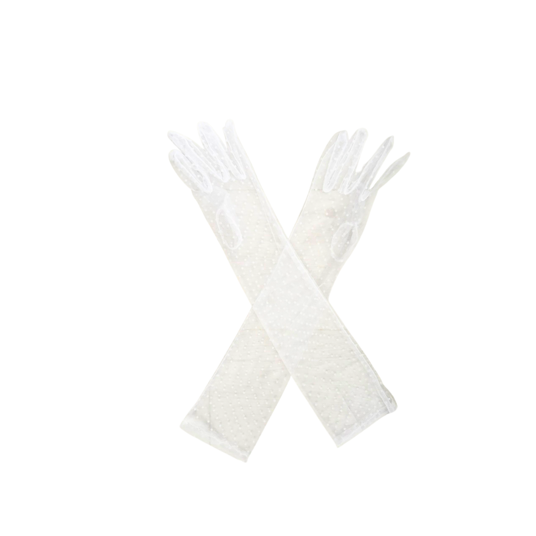 Pair of white elbow-length gloves on a white background