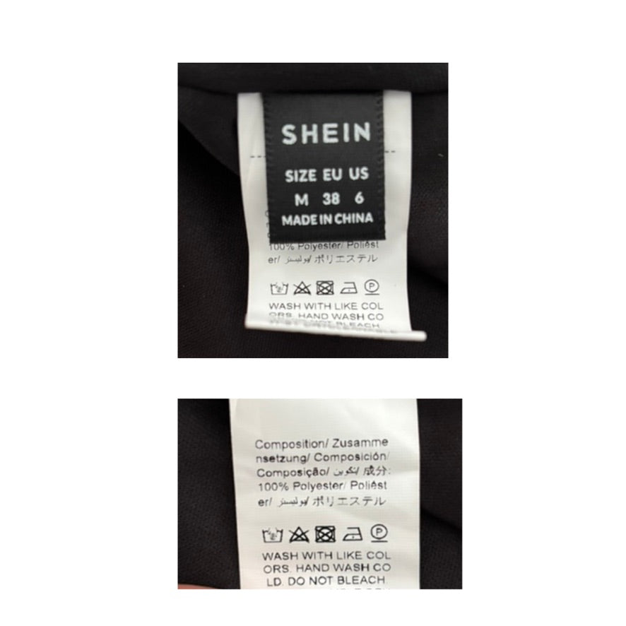 Two clothing labels with brand name and size information on a white background