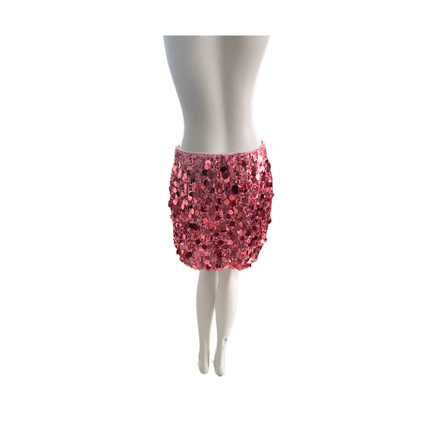 Pink sequin skirt on a mannequin against a white background