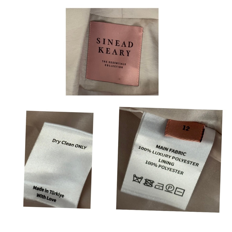 Collage of clothing labels with 'Sinead Keary' branding and fabric information.