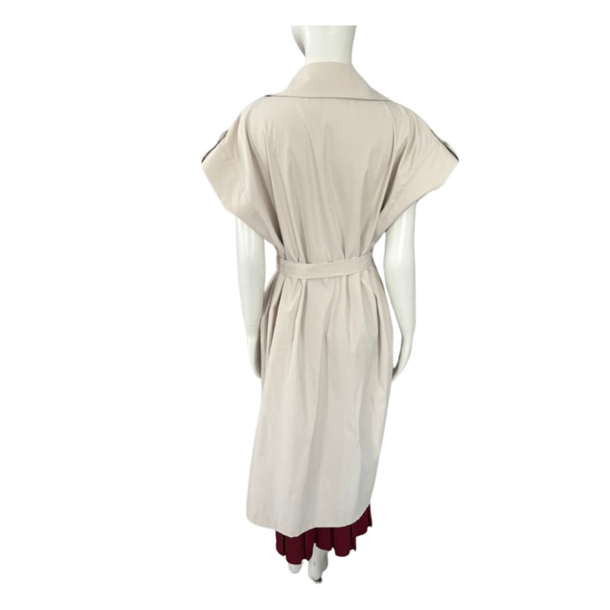 Beige dress with maroon hem on a mannequin against a white background