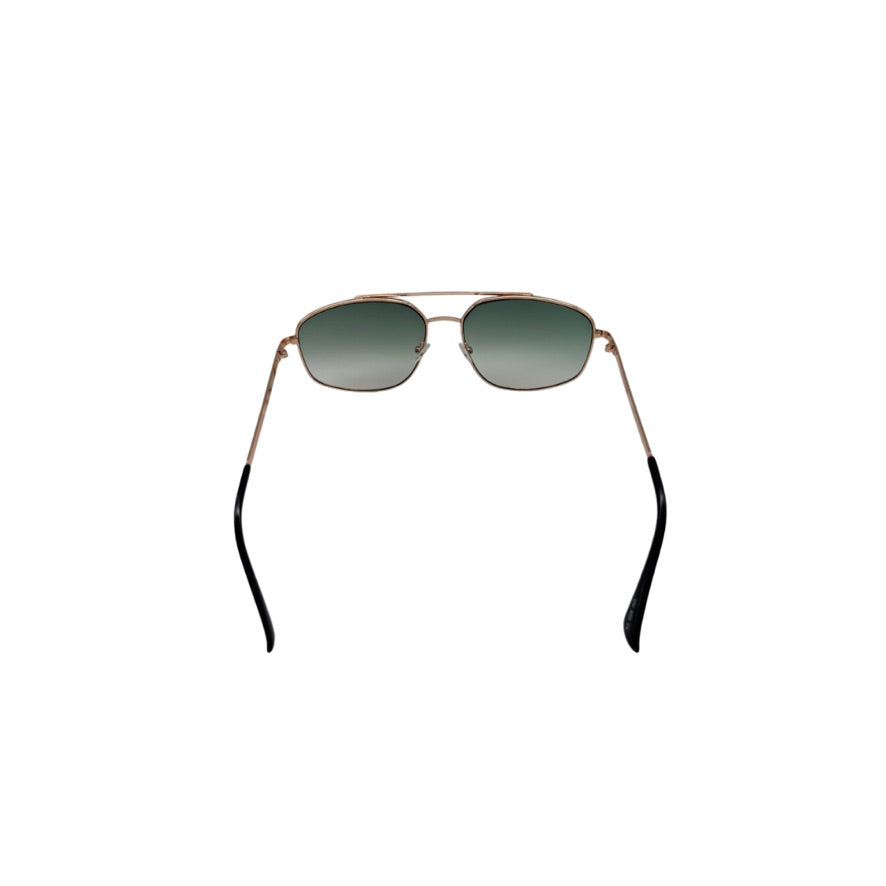 Sunglasses with gold frame and black arms on a white background