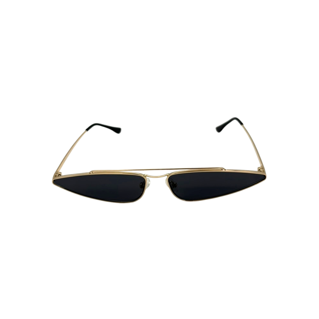 Gold-framed sunglasses with black lenses on a white background