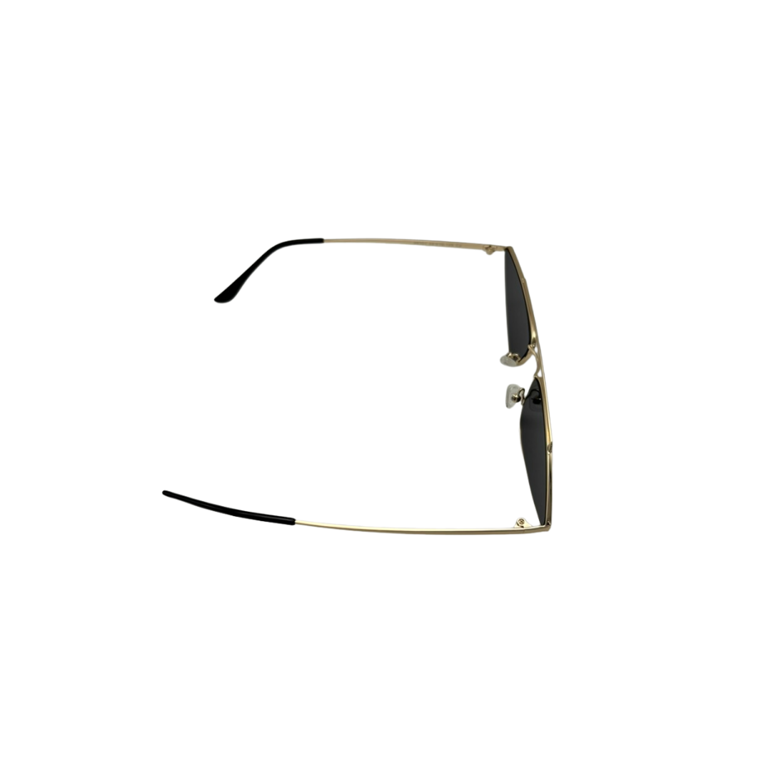 Sunglasses with gold frame and black lenses on a white background
