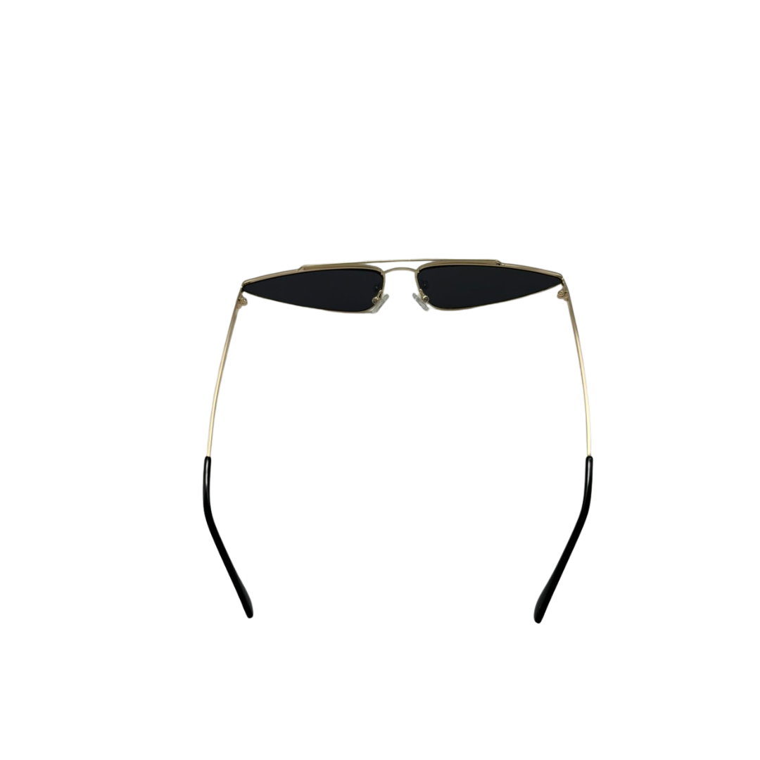 Sunglasses with black lenses and gold frames on a white background