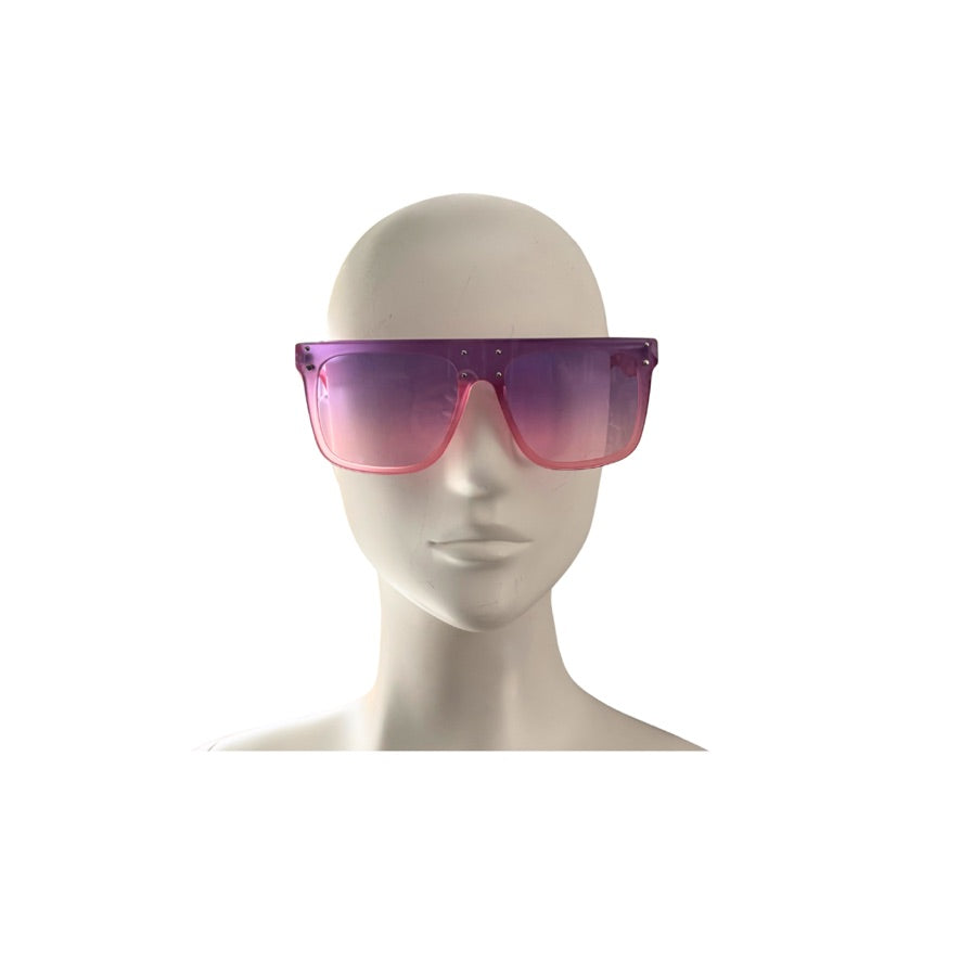 Sunglasses with a gradient purple lens on a mannequin head against a white background