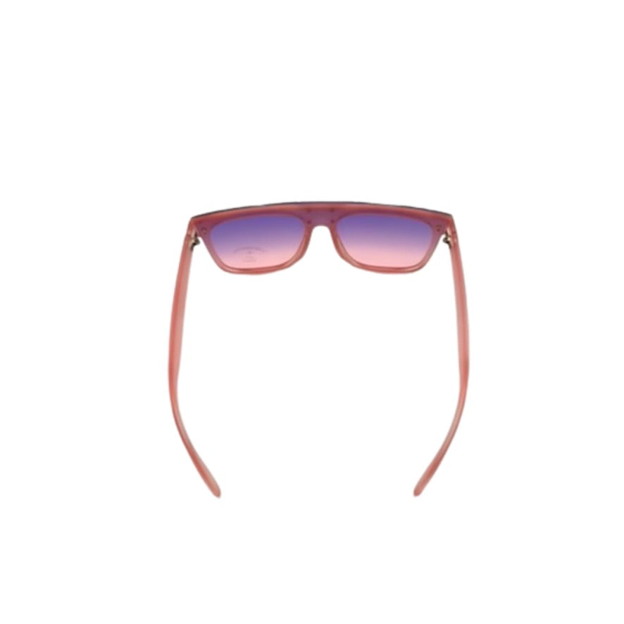 Sunglasses with pink frame and gradient lenses on a white background