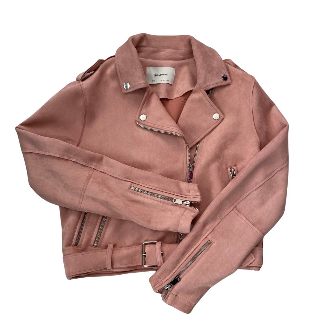 Stradivarius rose pink faux suede biker jacket with zip details and belted waist.