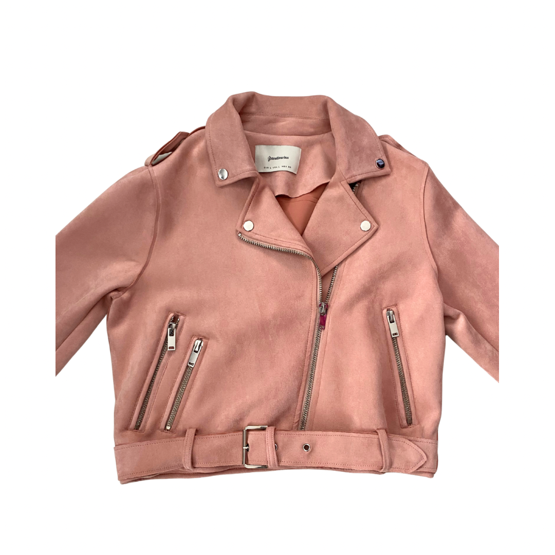 Pink suede jacket with zippers on a white background