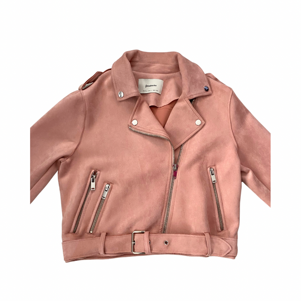 Pink suede jacket with zippers on a white background