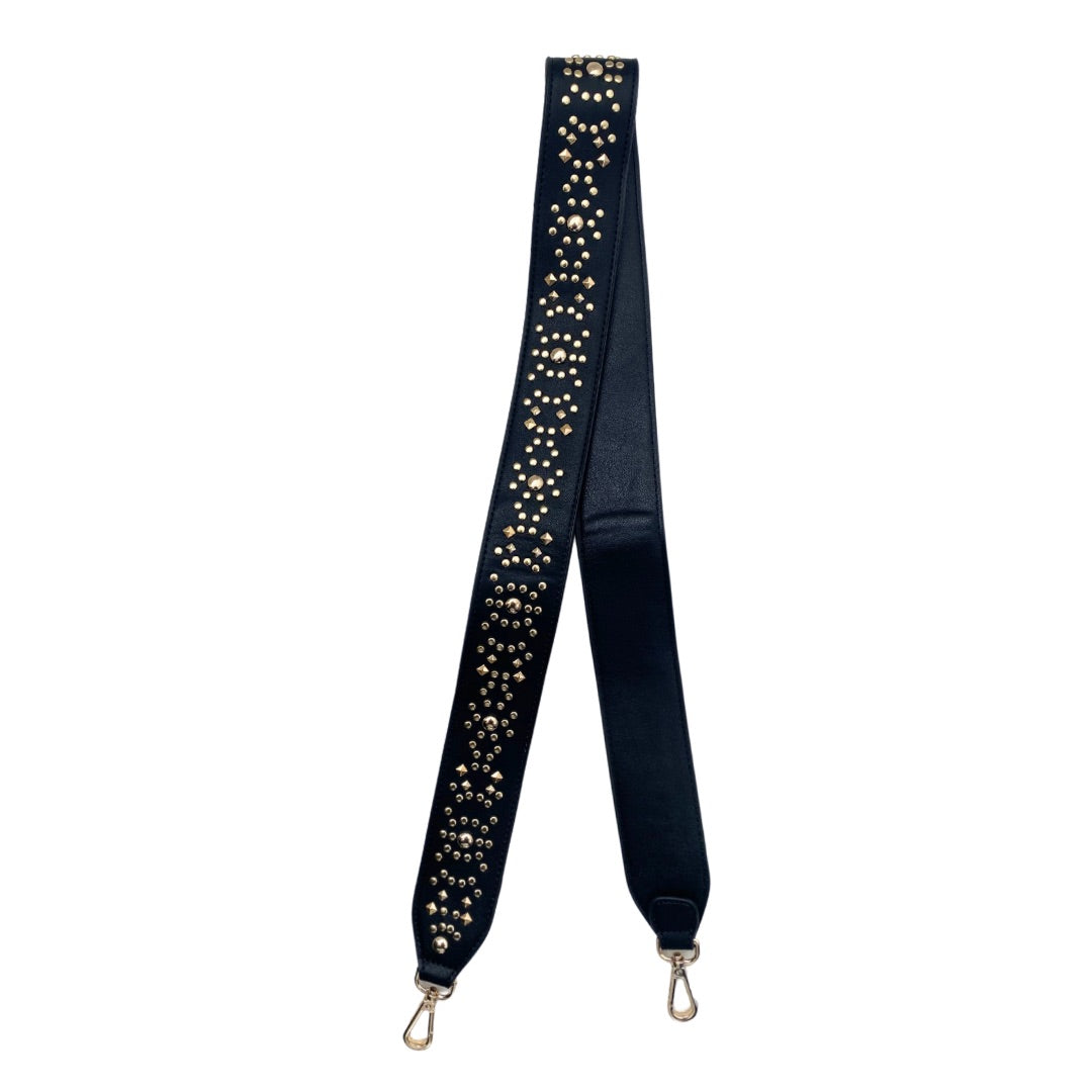 A black handbag strap with gold studded details and gold-tone hardware.