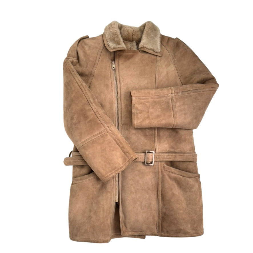 Brown suede coat with fur collar on a white background