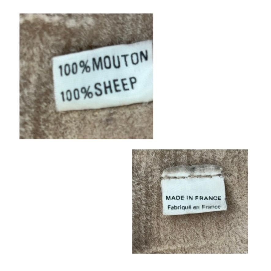 Text labels on fabric indicating '100% Mouton' and 'Made in France'.