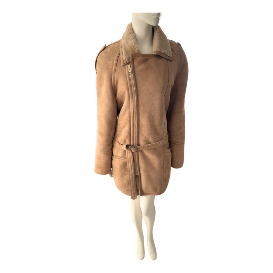 Brown suede jacket on a mannequin against a white background