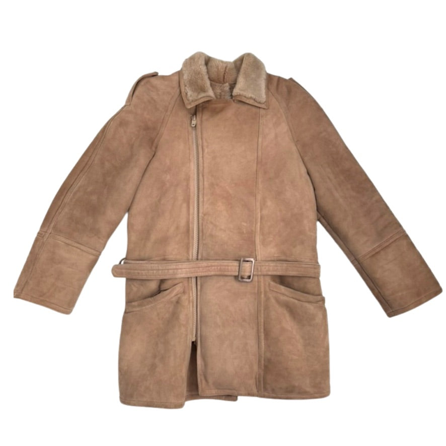 Brown suede coat with a belt on a white background