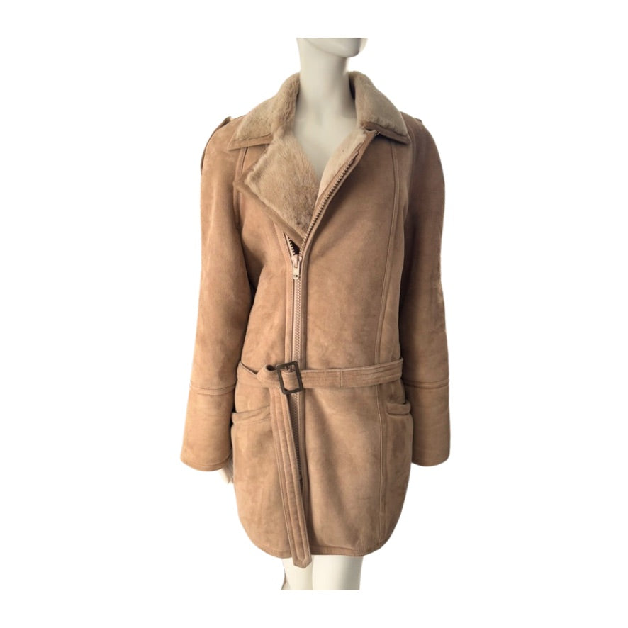 Tan suede jacket on a mannequin against a white background