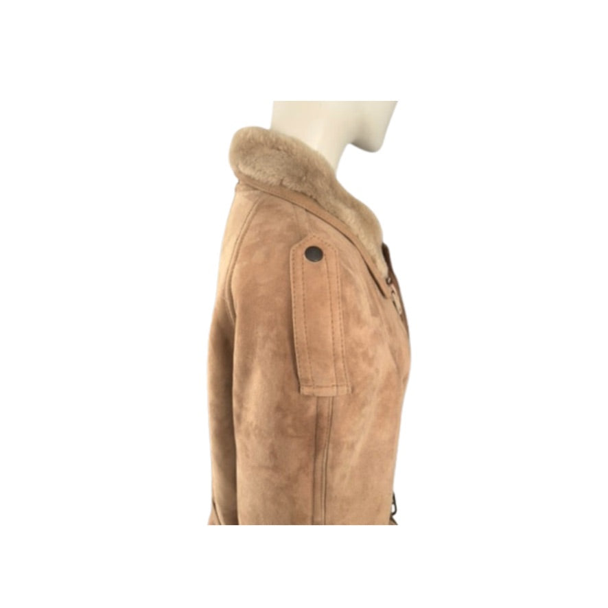 Tan suede jacket with shearling collar on a mannequin against a white background