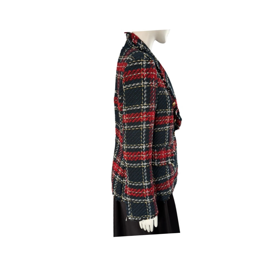 Plaid jacket on a mannequin against a white background