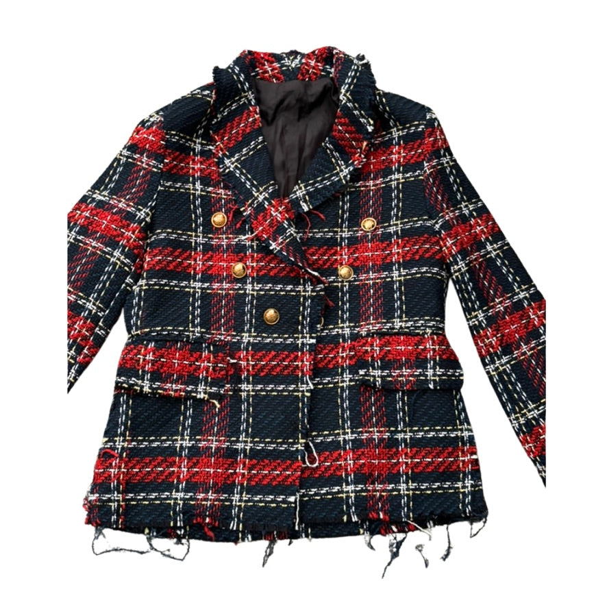 Plaid jacket with red, blue, and white pattern on a white background