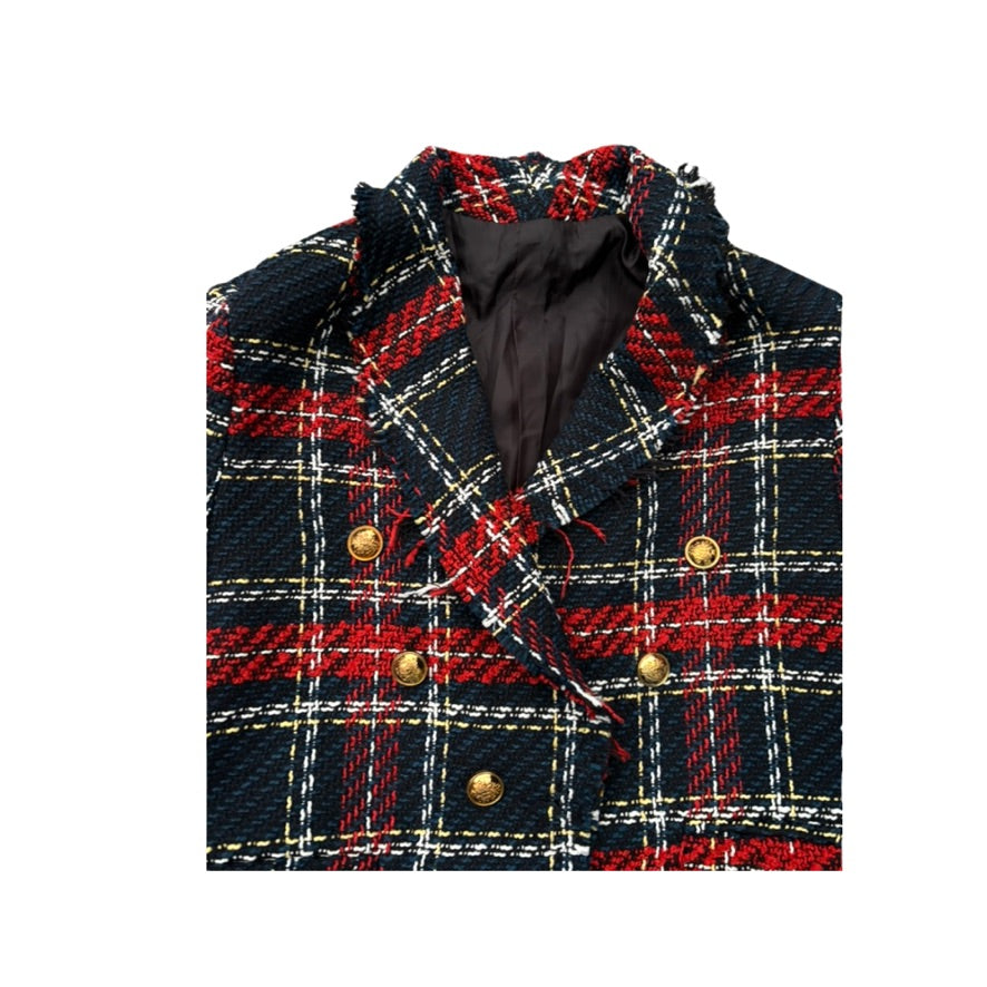 Plaid jacket with red and blue pattern on a white background