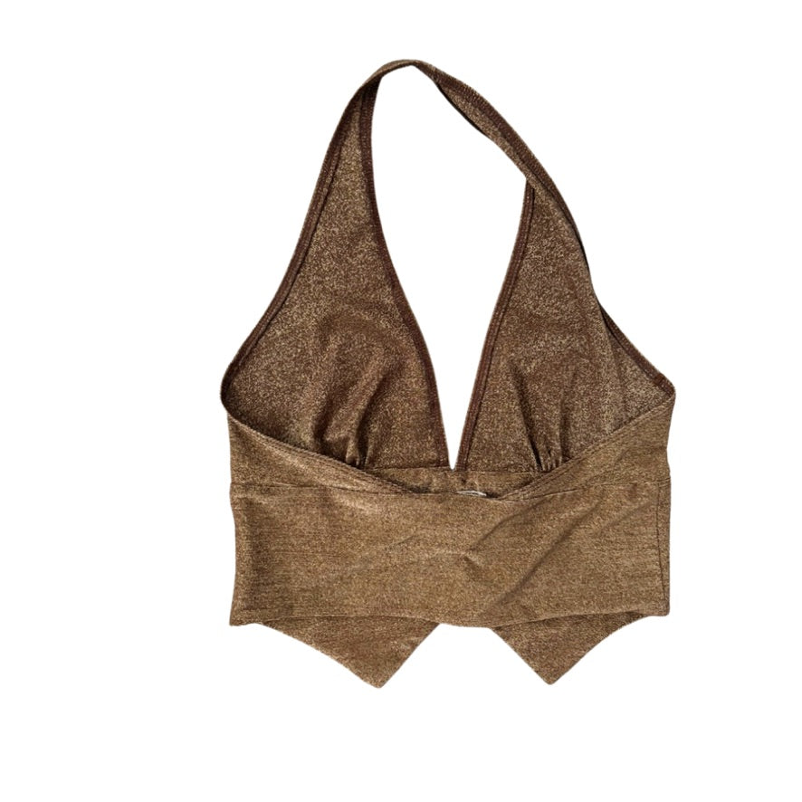 Bronze halter top with a deep neckline on a white background