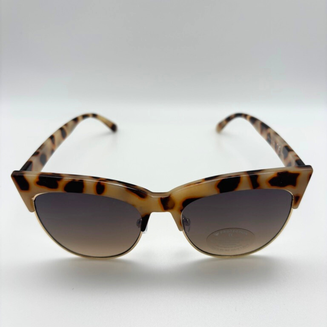 Sunglasses with tortoiseshell frame and dark lenses on a white background