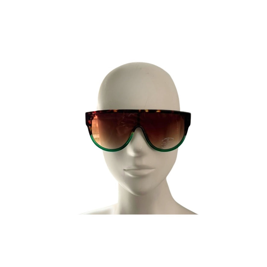 Sunglasses with a tortoiseshell frame and brown lenses on a mannequin head against a white background
