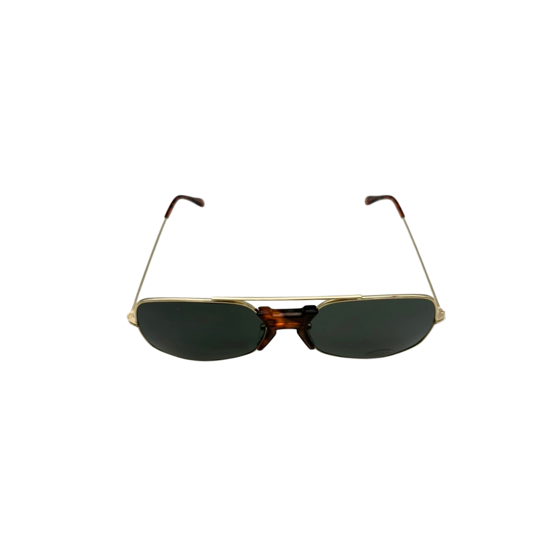 Sunglasses with gold frame and dark lenses on a white background