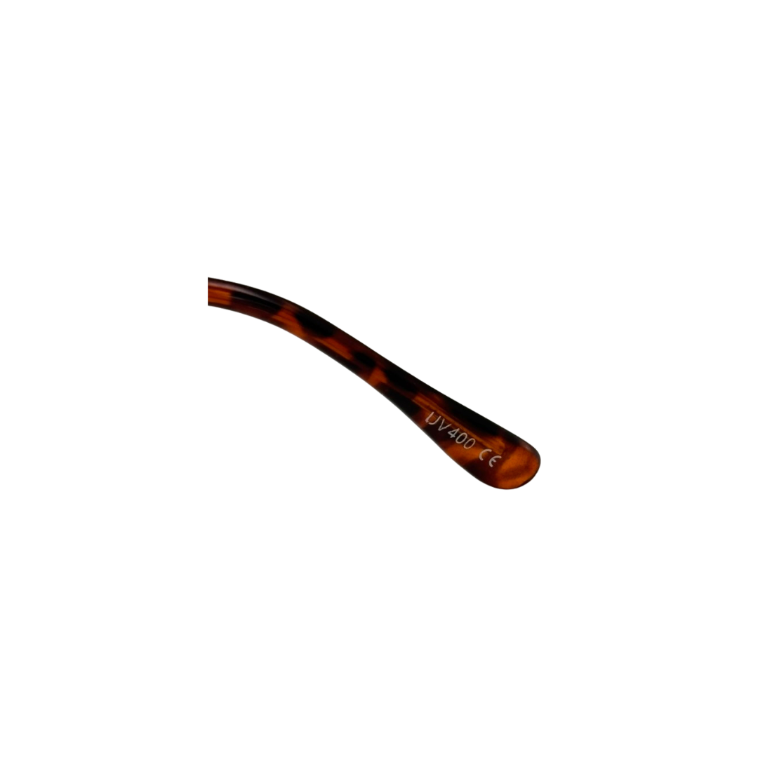 Tortoiseshell eyeglass frame tip on a white background