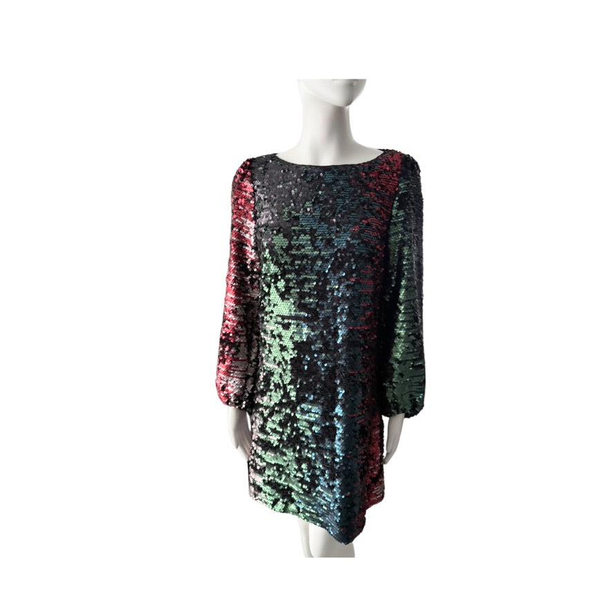 Multicolored sequin dress on a mannequin against a white background