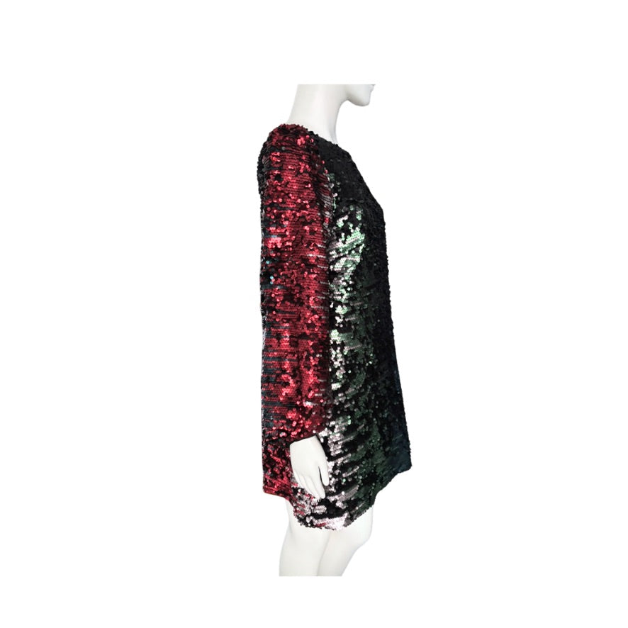 Mannequin wearing a sequined skirt with red and black pattern on a white background