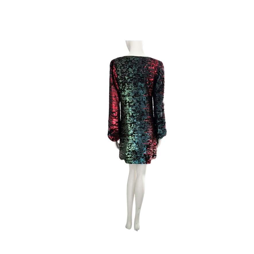 Multicolored sequin dress on a mannequin against a white background