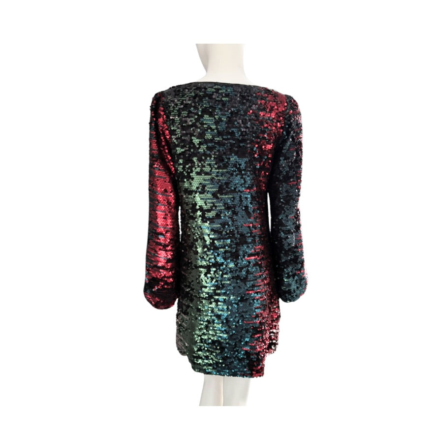 Multicolored sequin dress on a mannequin against a white background