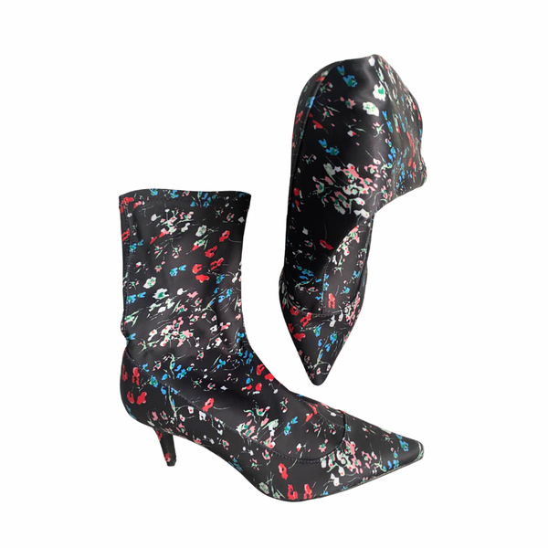 Floral Kitten Heel Sock Boots Black SIZE 41 - New