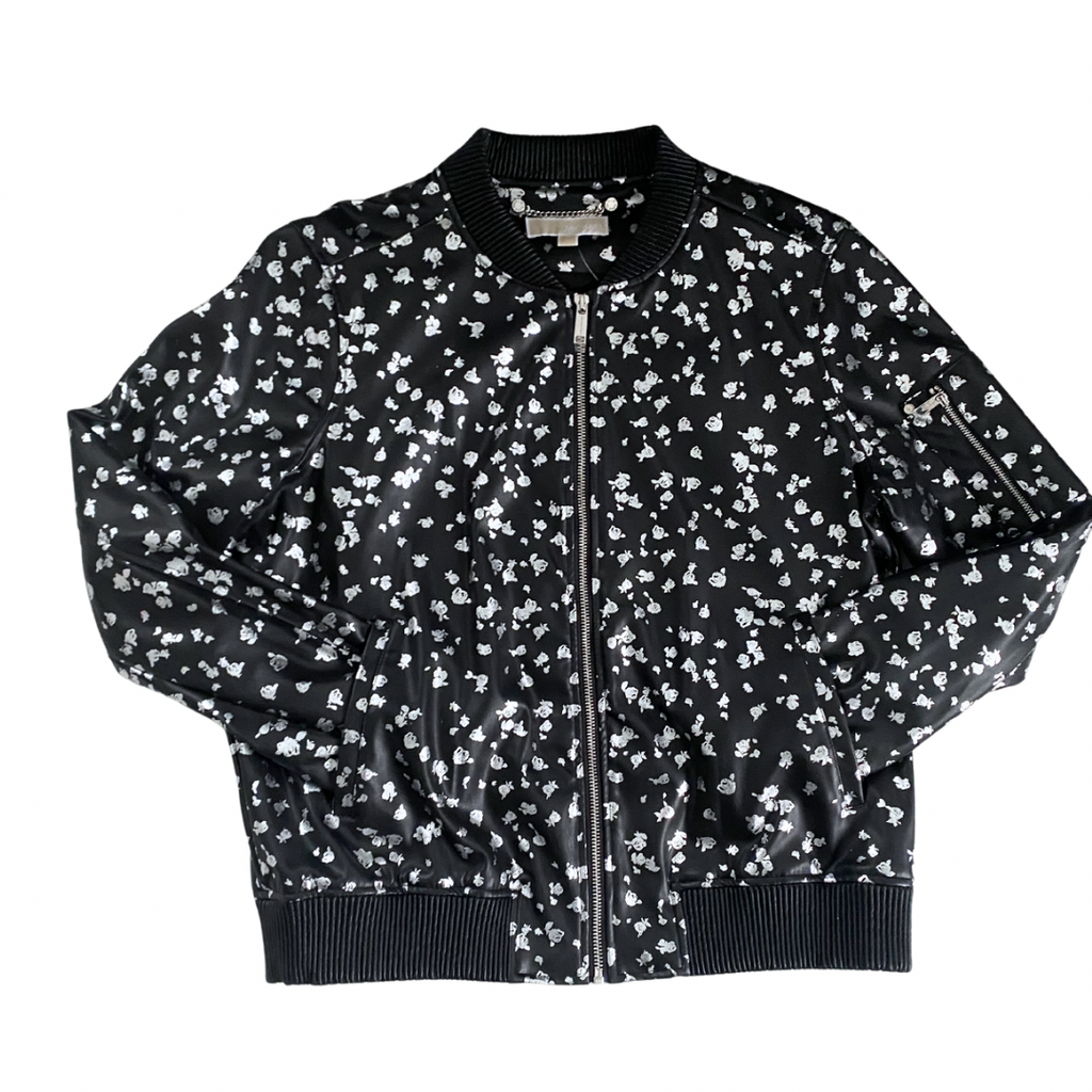 MICHAEL KORS Floral Print PU Bomber Jacket Black SIZE L - New