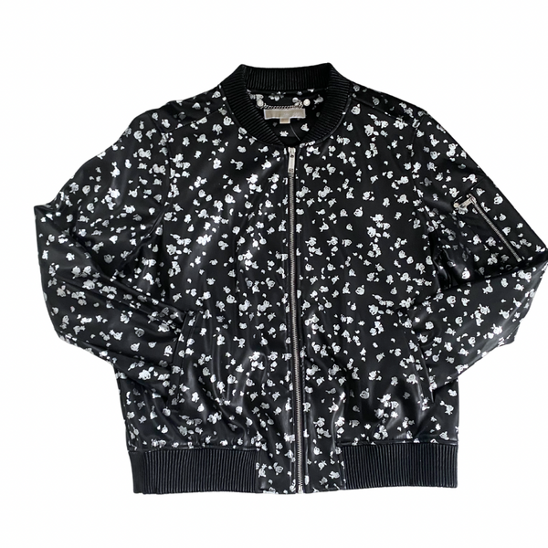 MICHAEL KORS Floral Print PU Bomber Jacket Black SIZE L - New