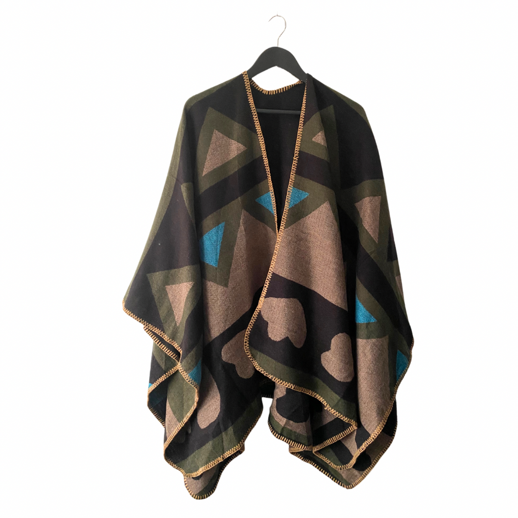 Large Shawl Geometric Pattern Olive Green Multi ONE SIZE - New
