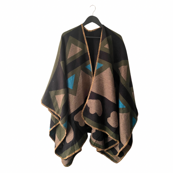 Large Shawl Geometric Pattern Olive Green Multi ONE SIZE - New