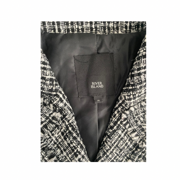 River Island Boucle Short Blazer Double Breasted Black White SIZE 14