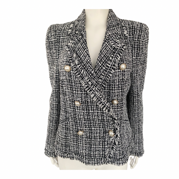 River Island Boucle Short Blazer Double Breasted Black White SIZE 14