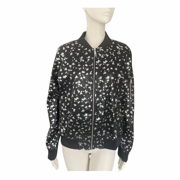 MICHAEL KORS Floral Print PU Bomber Jacket Black SIZE L - New