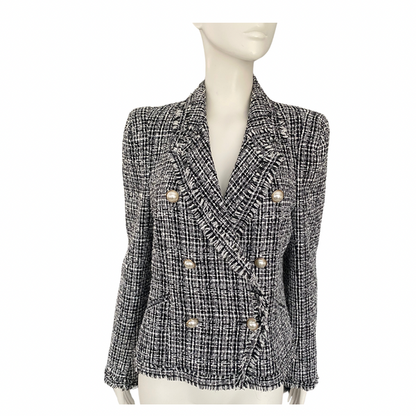 River Island Boucle Short Blazer Double Breasted Black White SIZE 14