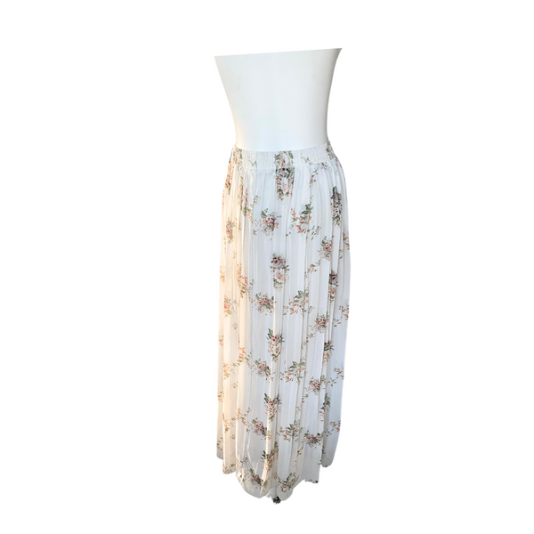 Floral Pleated Midi Skirt Chiffon Cream SIZE L - Preloved