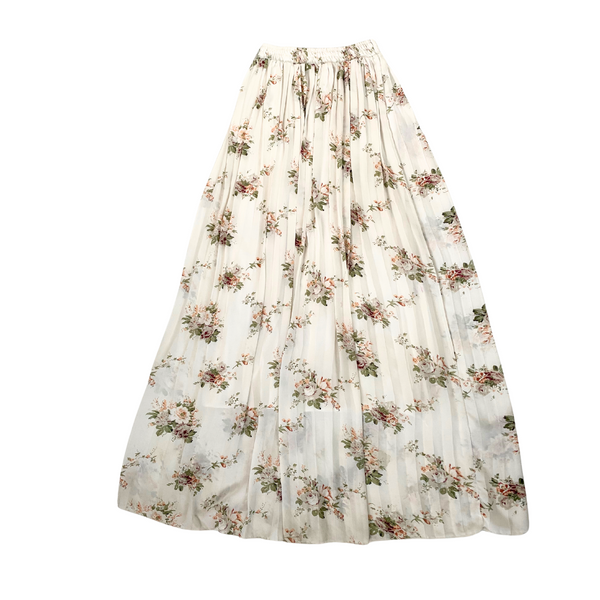 Floral Pleated Midi Skirt Chiffon Cream SIZE L - Preloved
