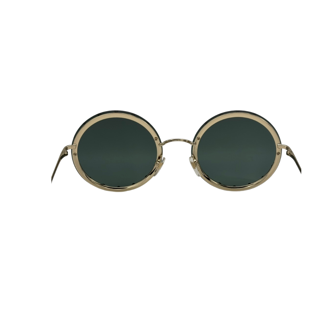 Round sunglasses with gold frame and dark lenses on a white background