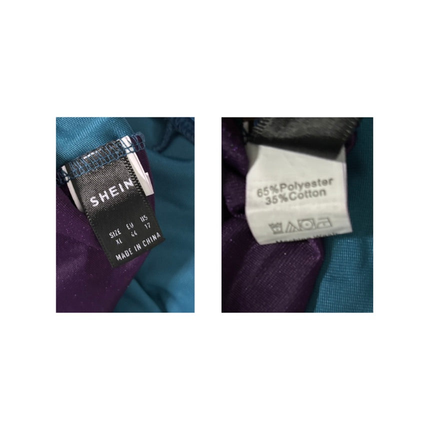 Two clothing labels on a garment with 'SHEIN' and fabric composition details.