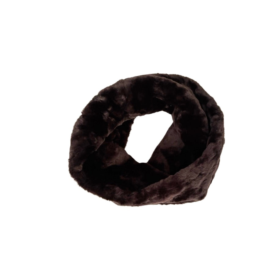 Brown faux fur infinity scarf on a white background