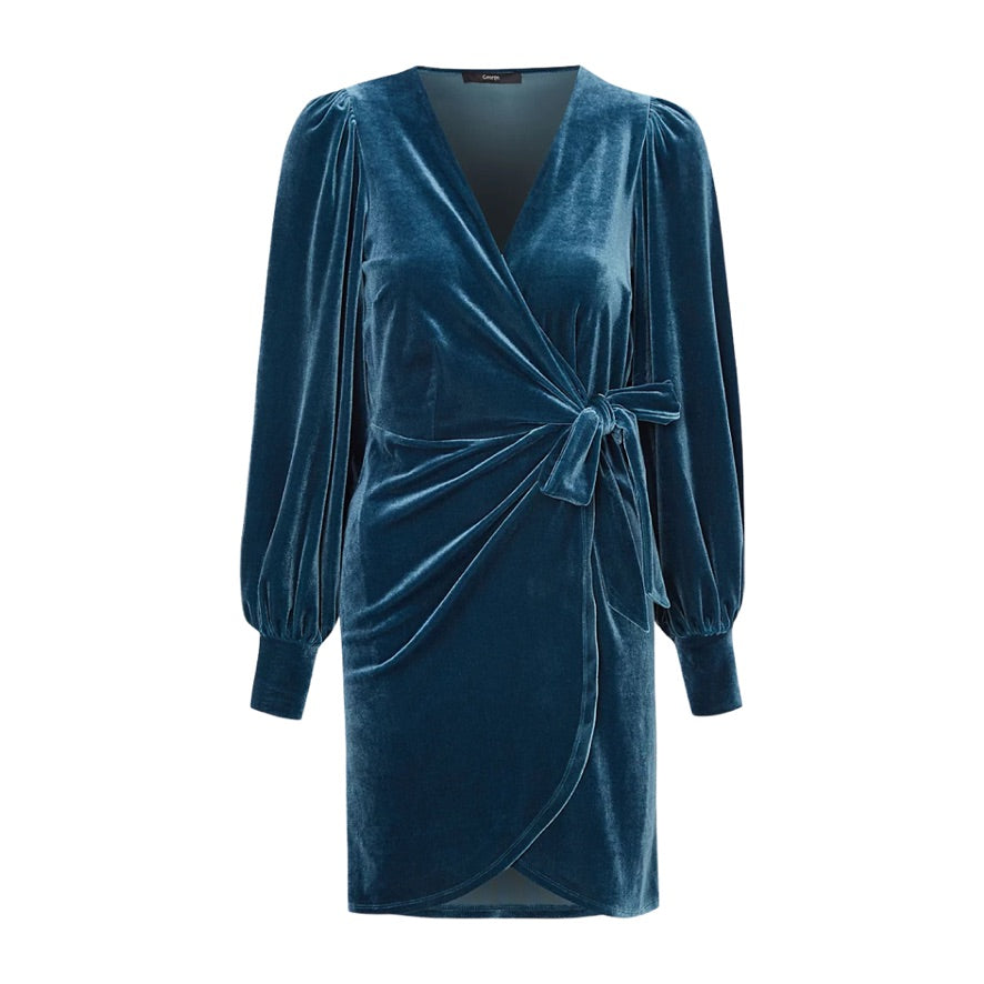 Blue velvet dress with a tie waist on a white background