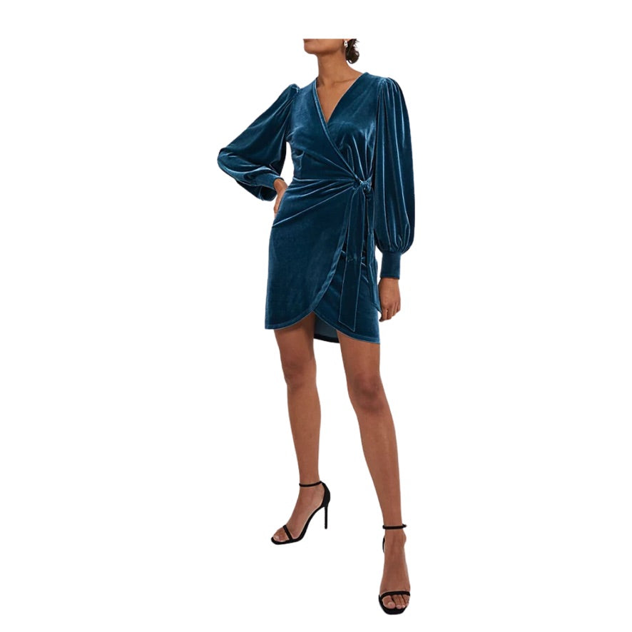 Blue velvet dress with long sleeves on a white background